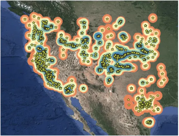 Each star represents a drop location. Note the clusters with a higher density.
