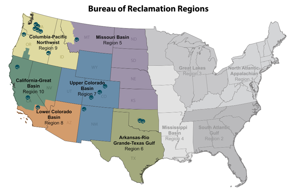 Map of Bureau of Reclamation regions across the Western United States