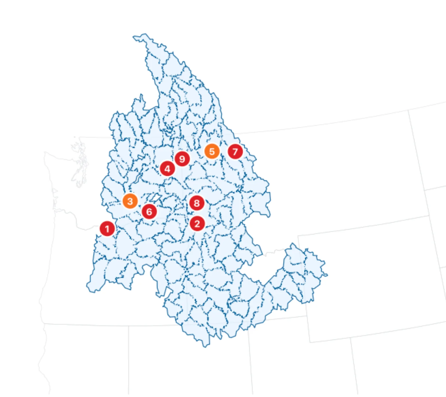 Map of Columbia River Basin regional forecast points across the Pacific Northwest