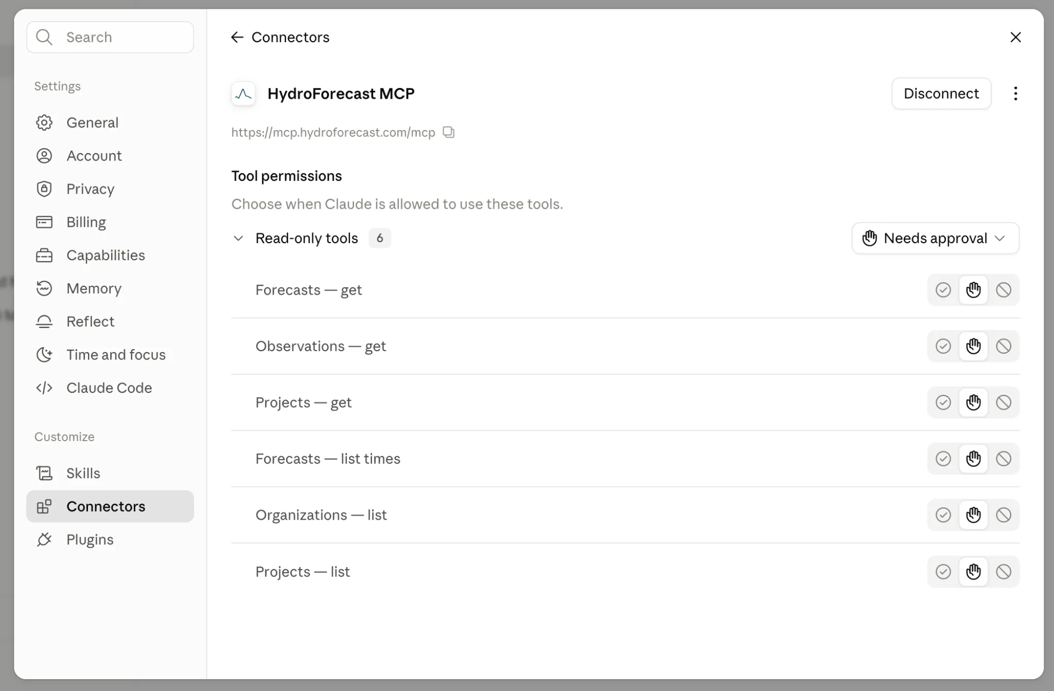 Controlling HydroForecast MCP tool permissions in Claude's connector settings