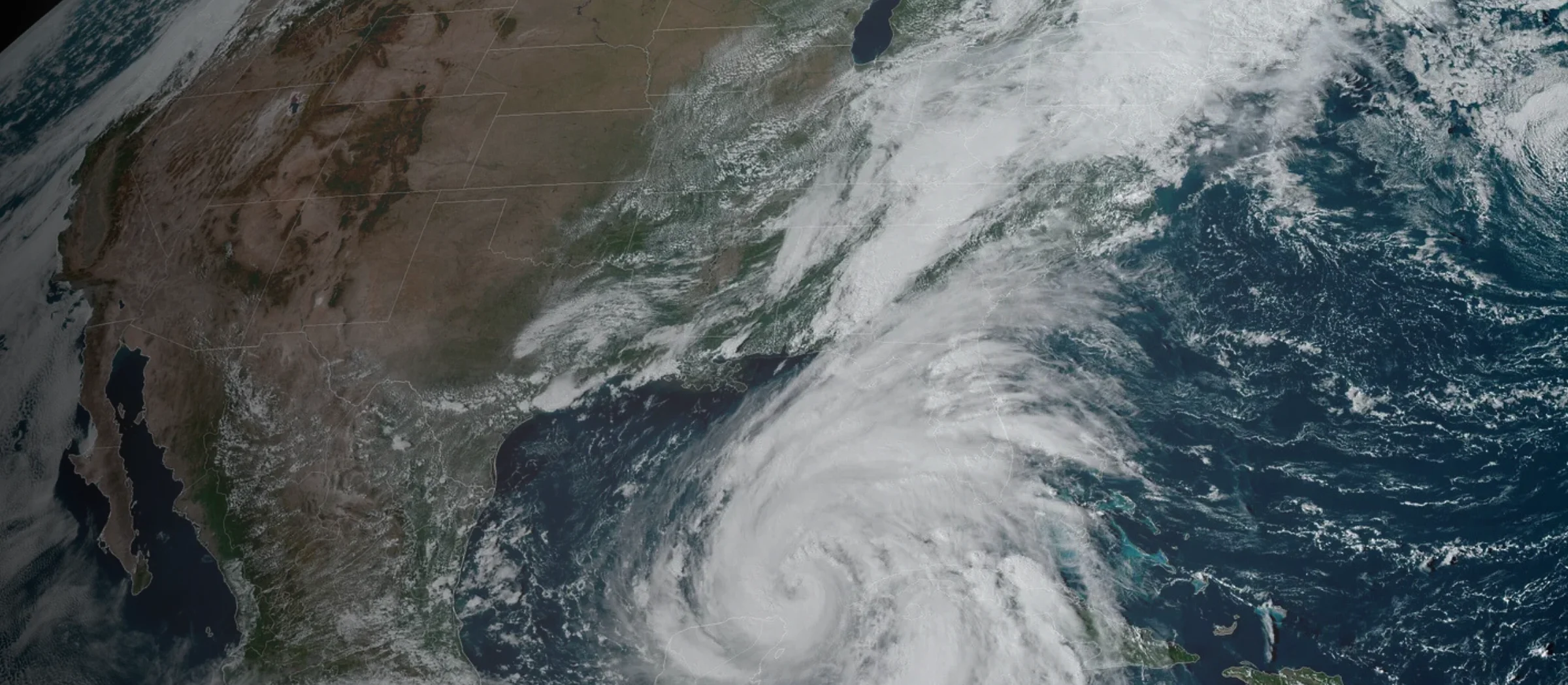 Satellite image of a hurricane approaching the coastline, from the Lessons from Helene case study