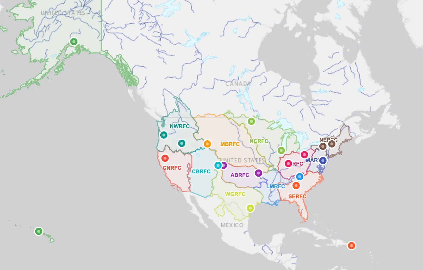 Map of priority locations across all 13 NOAA River Forecast Center regions